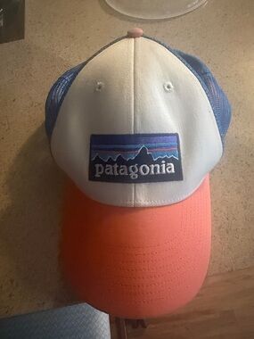 Patagonia Trucker Cap in White, Blue & Coral